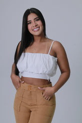 BLUSA MUJER TIRAS CORTE FAJON GLOBO BLANCO