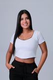 BLUSA MUJER LICRA FRIA SESGOS SATIN BLANCA