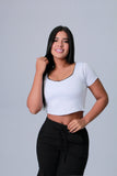 BLUSA MUJER LICRA FRIA SESGOS SATIN BLANCA