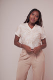 BLUSA MUJER MANGA RODADA ESTAMPADA BEIGE